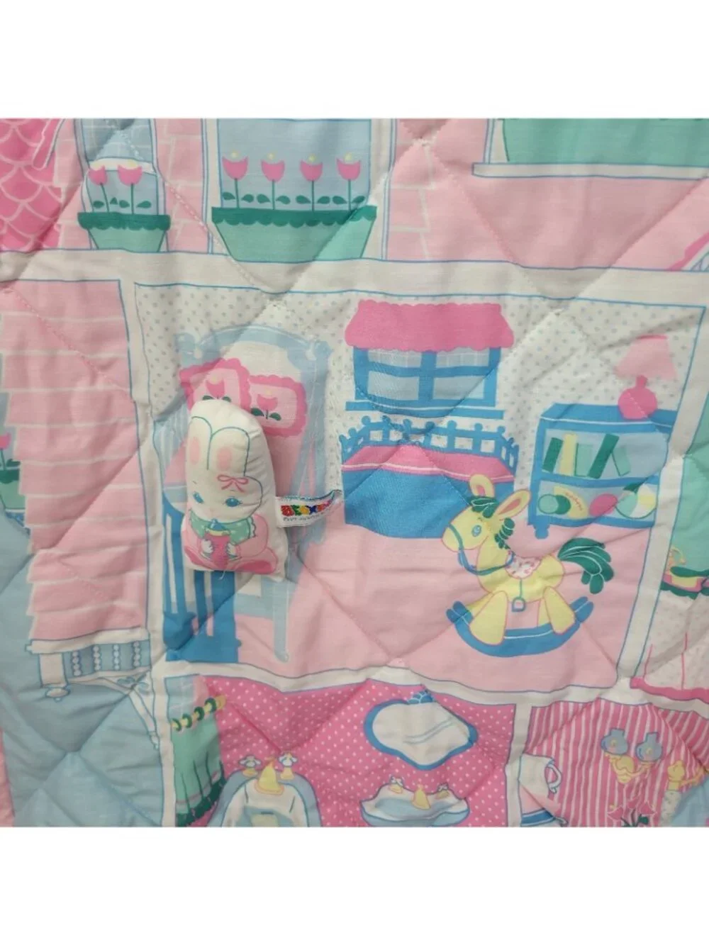 Vintage Bedkins Girls Ruffle Twin Comforter Coverlet Pink Plush Bunny Dollhouse